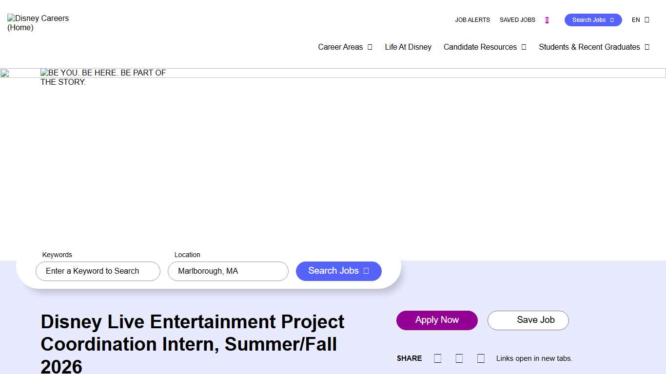 Disney Live Entertainment Project Coordination Intern, Summer/Fall 2026 at DISNEY - Disney Careers