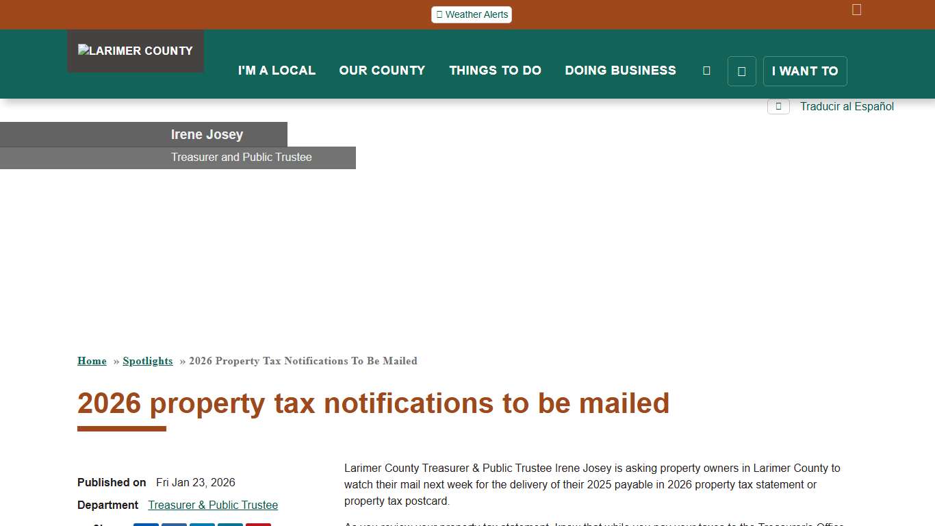 2026 property tax notifications to be mailed Larimer County